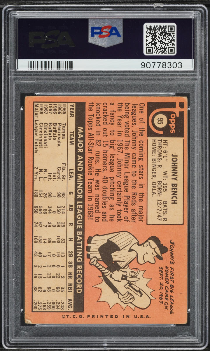 1969 Topps Johnny Bench ROOKIE #95 PSA 1.5 FR