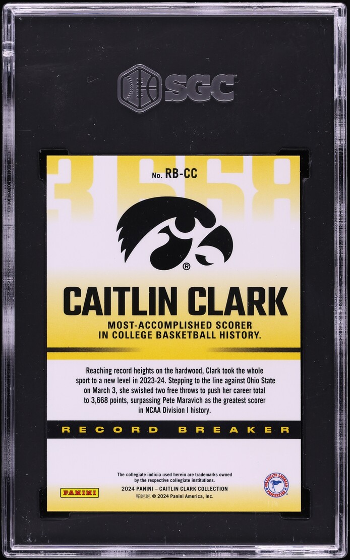 2024 Panini Collection Record Breaker Caitlin Clark ROOKIE #RB-CC SGC 10 GEM