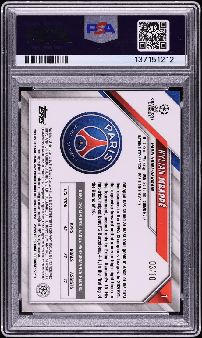 2021 Topps Chrome UEFA Champions League Red Refractor Kylian Mbappe /10 #1 PSA 9 MINT