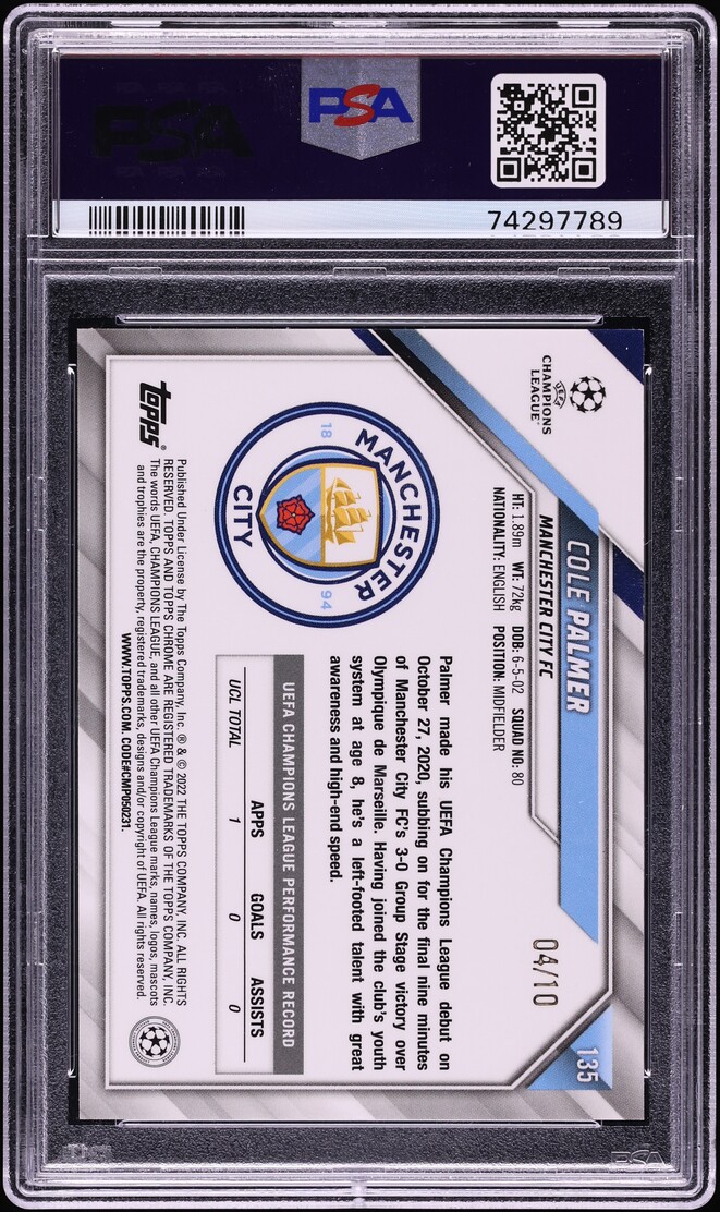 2021 Topps Chrome UEFA Champions League Red Refractor Cole Palmer /10 #135 PSA 10 GEM MINT