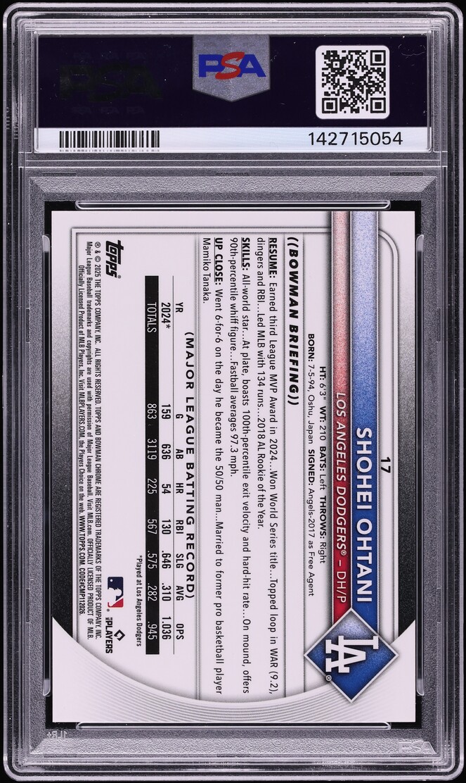 2025 Bowman Chrome Red Refractor Shohei Ohtani 5/5 #17 PSA 10 GEM MINT