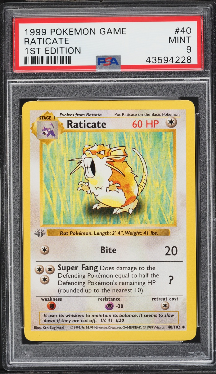 1999 Pokemon Base Set Shadowless 1st Edition Raticate #40 PSA 9 MINT