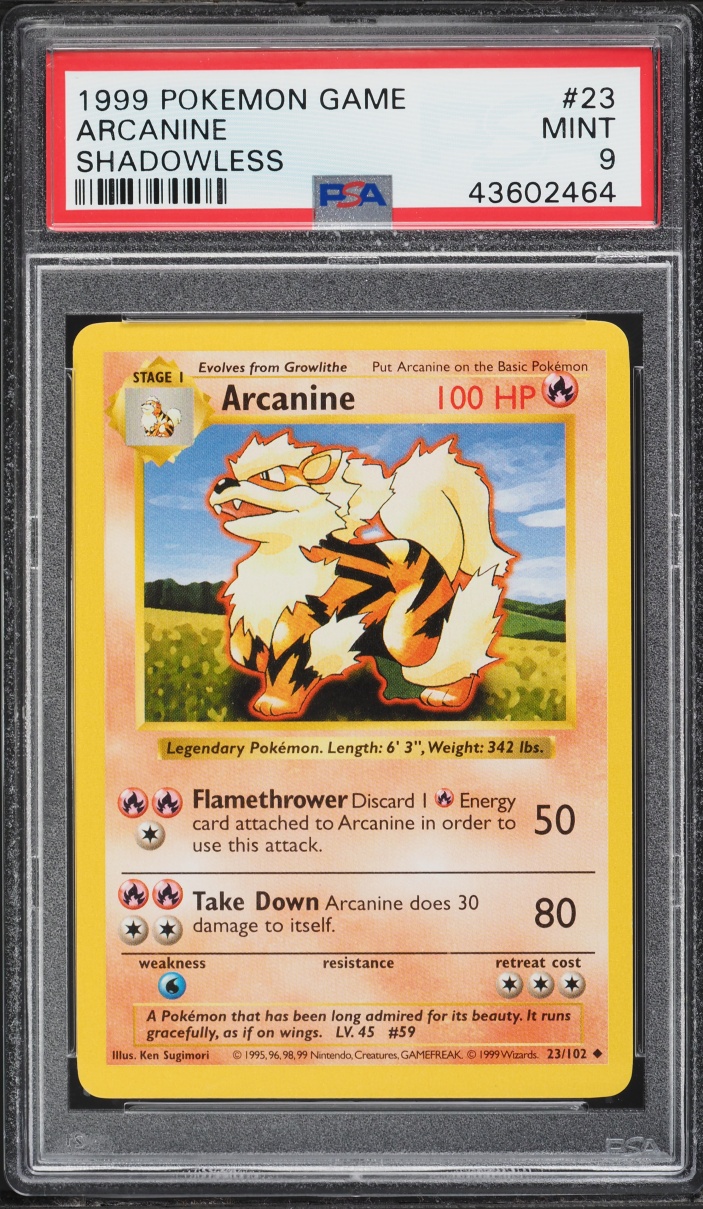 1999 Pokemon Base Set Shadowless Arcanine #23 PSA 9 MINT