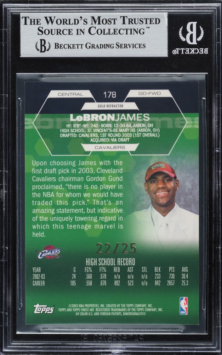 2002 Finest Gold Refractor LeBron James ROOKIE /25 #178 BGS 8.5 NM-MT+