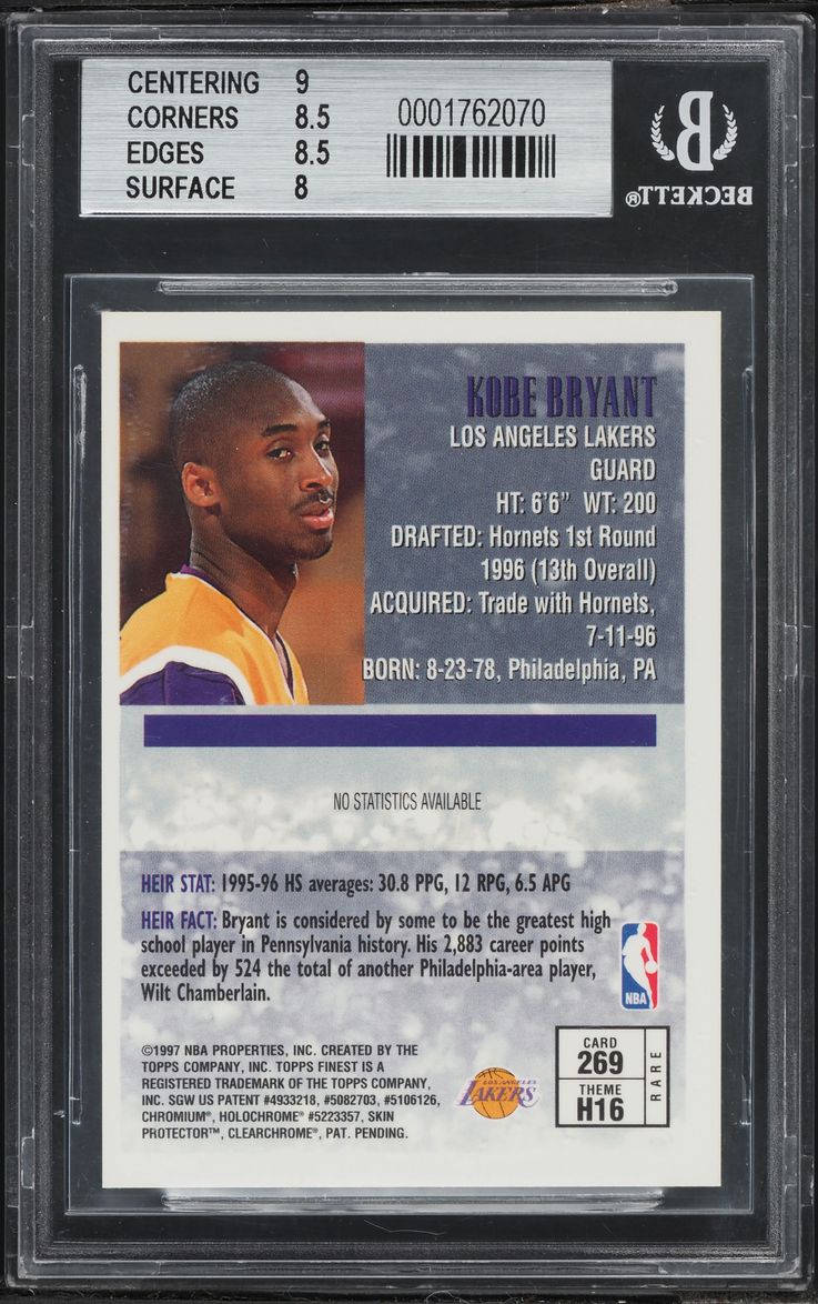 1996 Finest Basketball w/Coating Kobe Bryant ROOKIE #269 BGS 8.5 NM-MT+