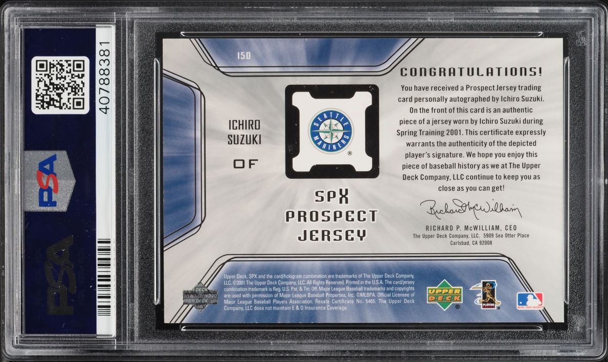 2001 SPx Prospect Jersey Ichiro Suzuki ROOKIE PATCH AUTO #150 PSA 10 GEM MINT