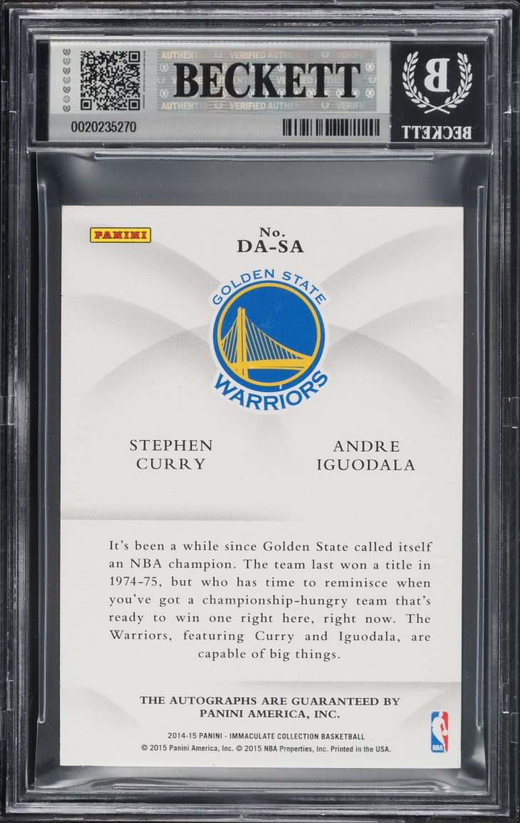 2014 Immaculate Collection Dual Stephen Curry Andre Iguodala AUTO /49 #DA-SA BGS 6.5 EXMT+