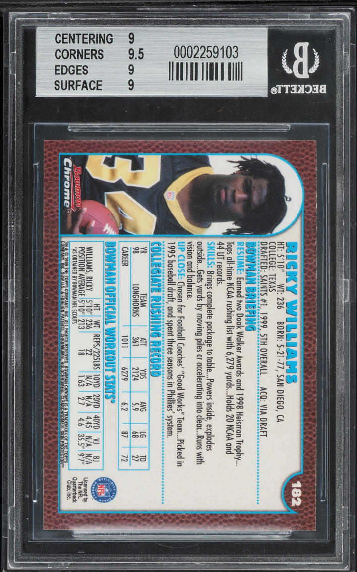 1999 Bowman Chrome Ricky Williams ROOKIE #182 BGS 9 MINT