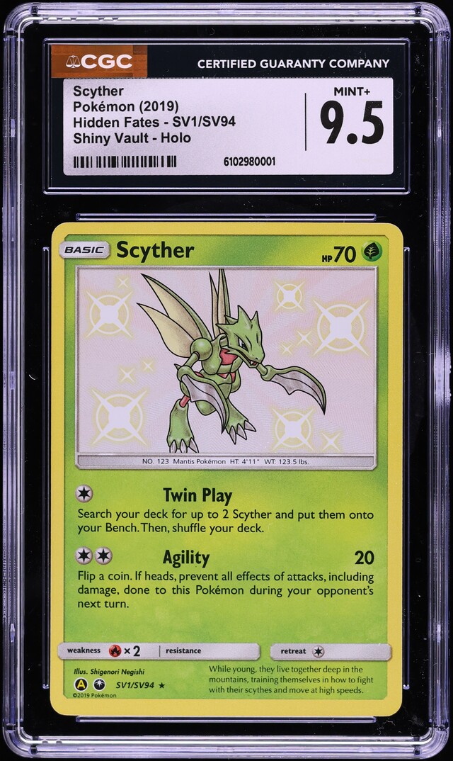 2019 Pokemon Sun & Moon Hidden Fates Shiny Scyther #SV1 CGC 9.5 MINT+