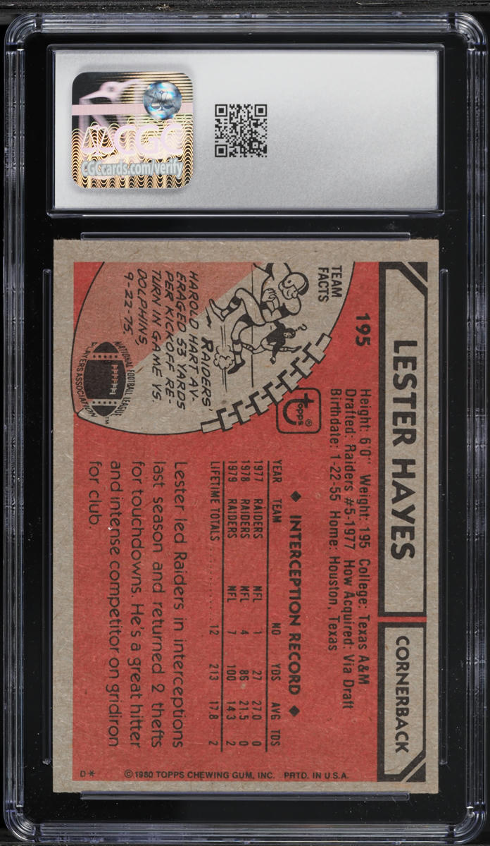 1980 Topps Football Lester Hayes ROOKIE #195 CGC 7.5 NRMT+