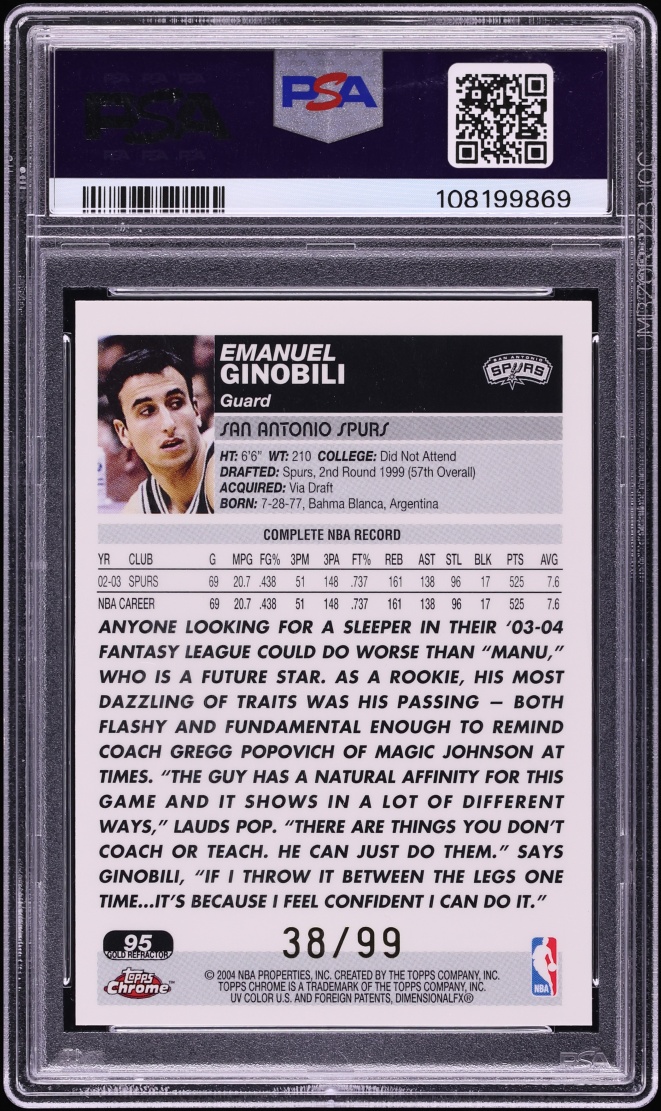 2003 Topps Chrome Gold Refractor Emanuel Ginobili /99 #95 PSA 9 MINT - Photo 2