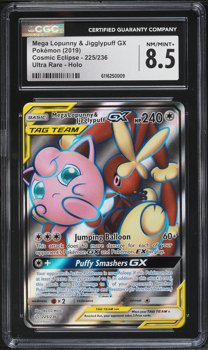 2019 Pokemon SM Cosmic Eclipse Full Art Mega Lopunny & Jigglypuff GX #225 CGC 8.5 NM-MT+
