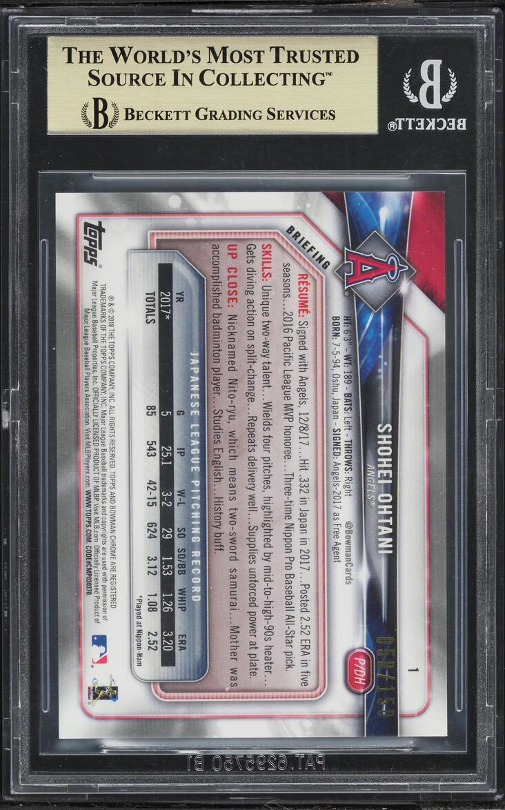 2018 Bowman Chrome Blue Refractor Shohei Ohtani ROOKIE /150 BGS 9.5 GEM MINT