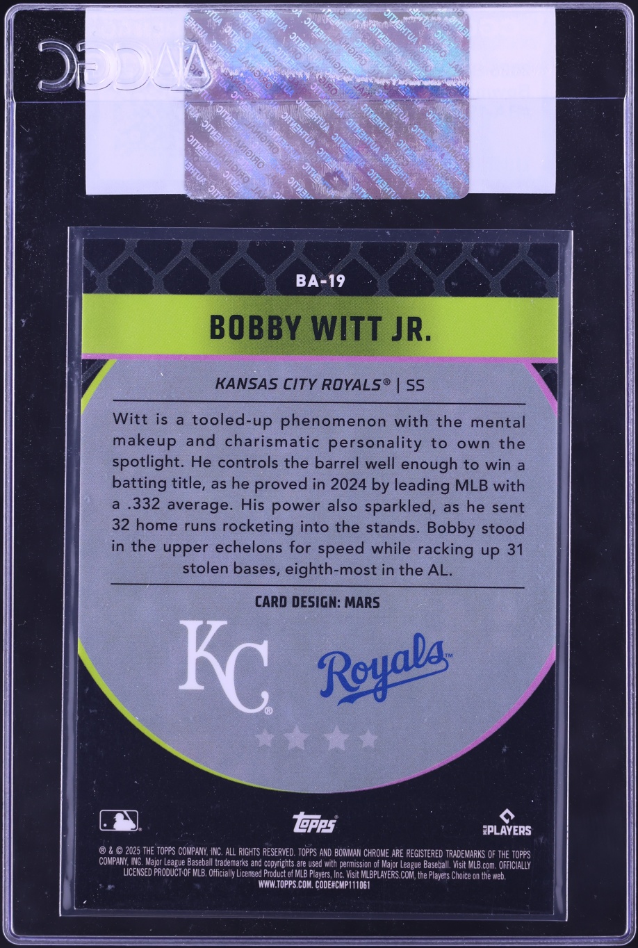 2025 Bowman Chrome Mega Box Ascensions Bobby Witt Jr. #BA-19 CGC AUTH