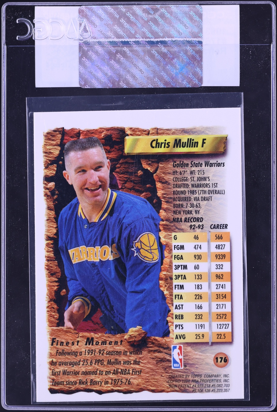 1993 Finest Refractor Chris Mullin #176 CGC AUTH