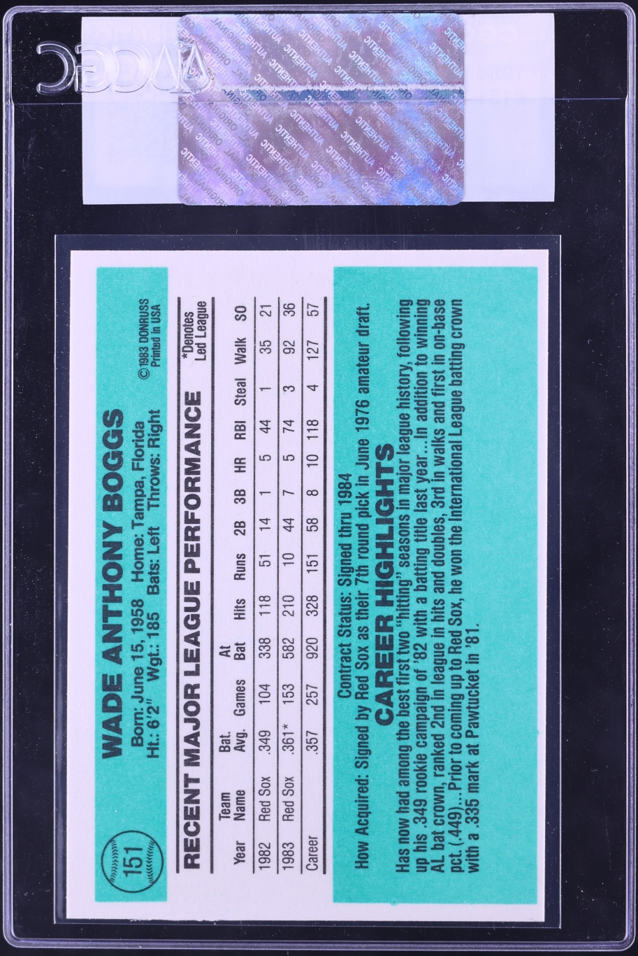 1984 Donruss Wade Boggs #151 CGC AUTH