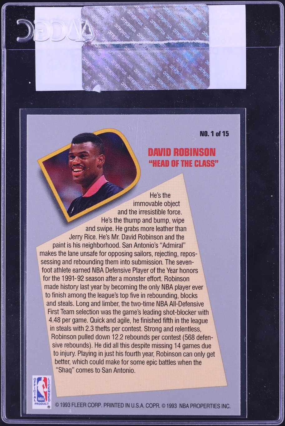1992 Fleer Total D David Robinson #1 CGC AUTH