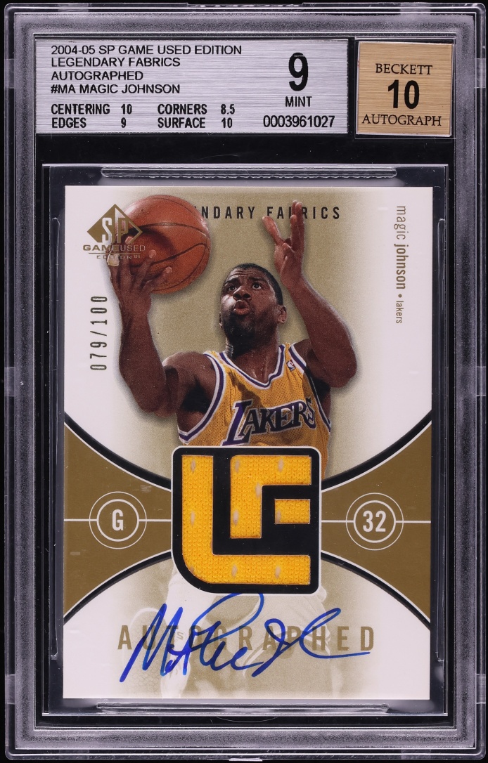 2004 SP Game Used Legendary Fabrics Magic Johnson PATCH AUTO /100 #MA BGS 9 MINT
