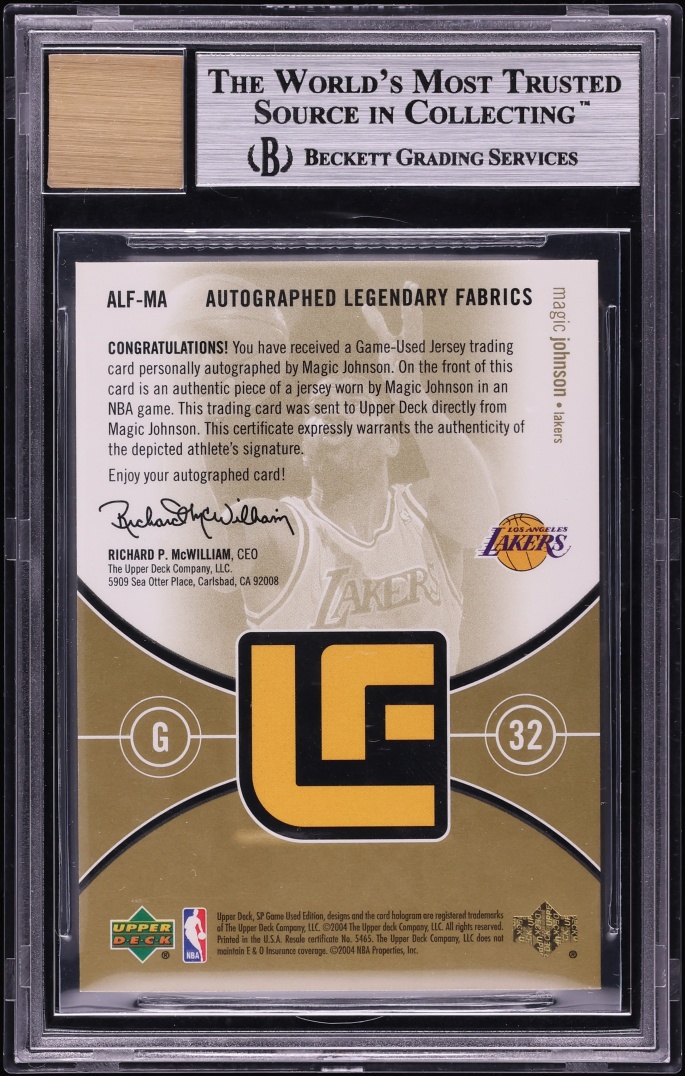 2004 SP Game Used Legendary Fabrics Magic Johnson PATCH AUTO /100 #MA BGS 9 MINT