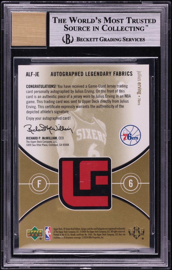 2004 SP Game Used Legendary Fabrics Julius Erving PATCH AUTO /100 BGS 9 MINT