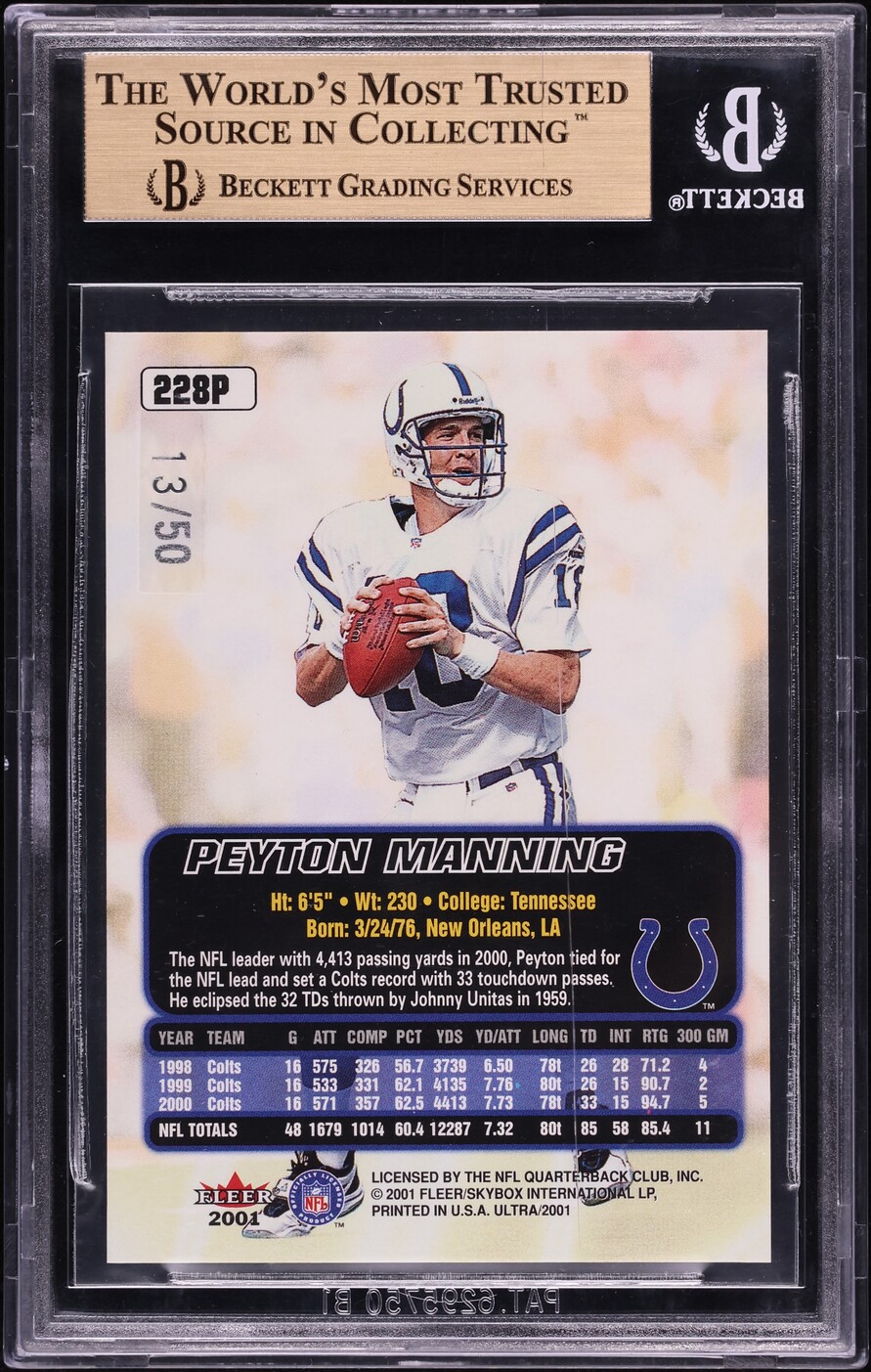 2001 Ultra Platinum Medallion Peyton Manning /50 #228P BGS 9.5 GEM MINT