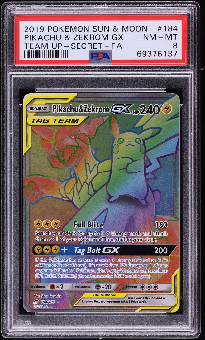 2019 Pokemon Sun & Moon Team Up Rainbow Rare Pikachu & Zekrom GX #184 PSA 8 NM-MT