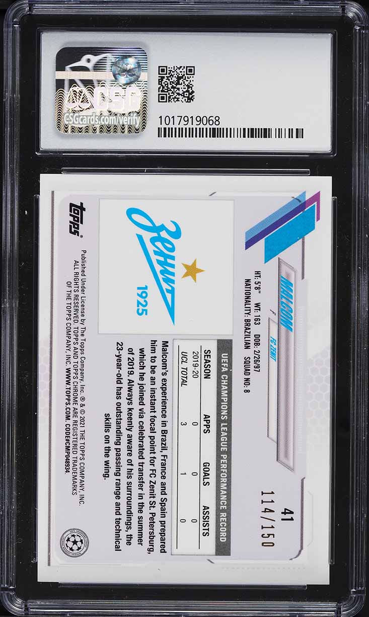 2020 Topps Chrome UEFA X Aoki Aqua Refractor Malcom /150 #41 CSG 9 MINT