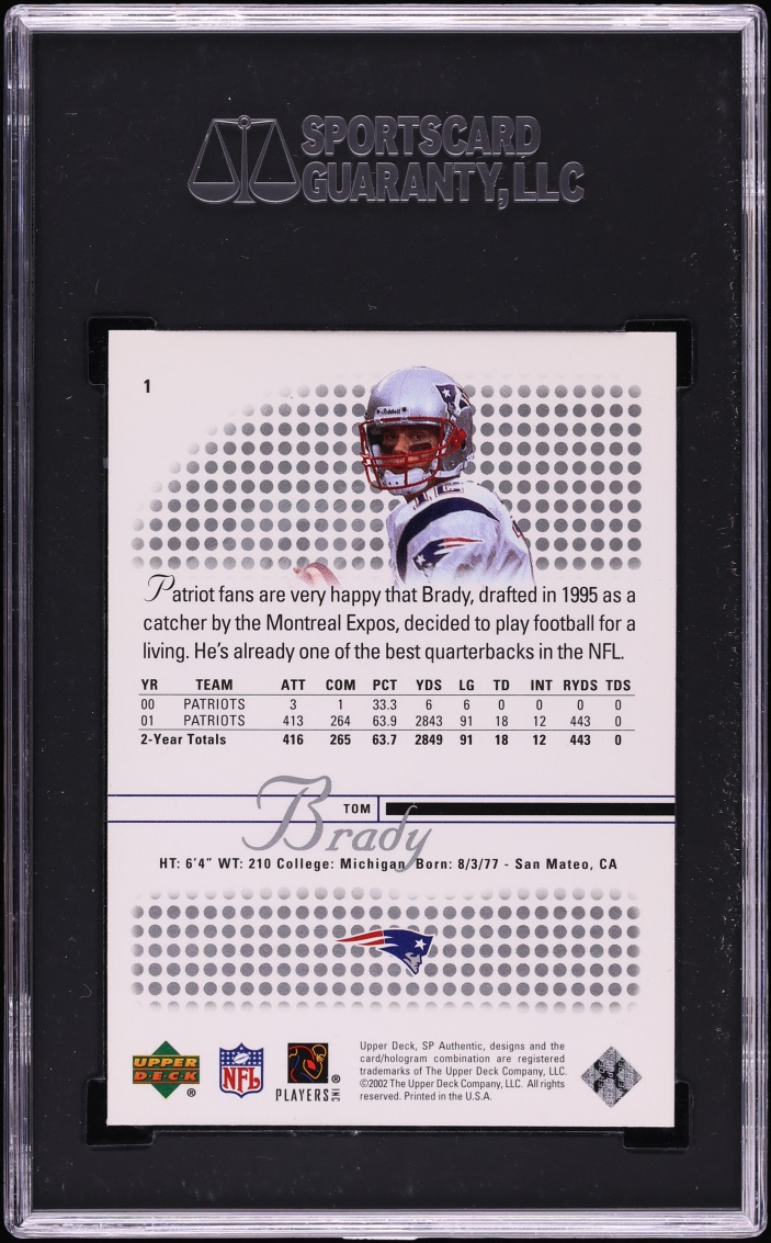 2002 SP Authentic Tom Brady #1 SGC 10 GEM MINT