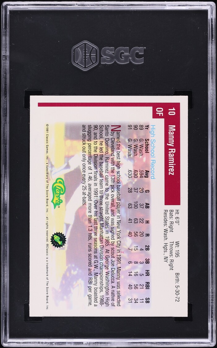 1991 Classic Draft Picks Manny Ramirez ROOKIE #10 SGC 9 MINT