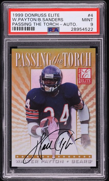 1999 Donruss Elite Passing The Torch Walter Payton & Barry Sanders AUTO /100 #4 PSA 9 MINT