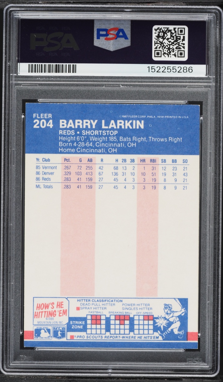 1987 Fleer Barry Larkin ROOKIE #204 PSA 7 NRMT
