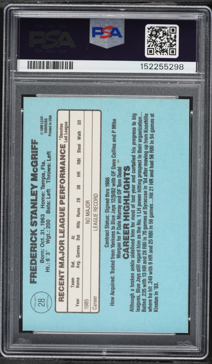 1986 Donruss Fred McGriff ROOKIE #28 PSA 6 EXMT