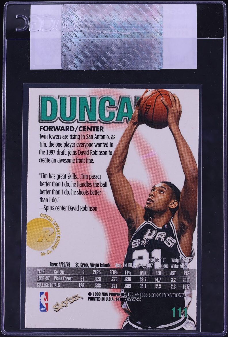 1997 Skybox Z-Force Tim Duncan ROOKIE #111 CGC AUTH