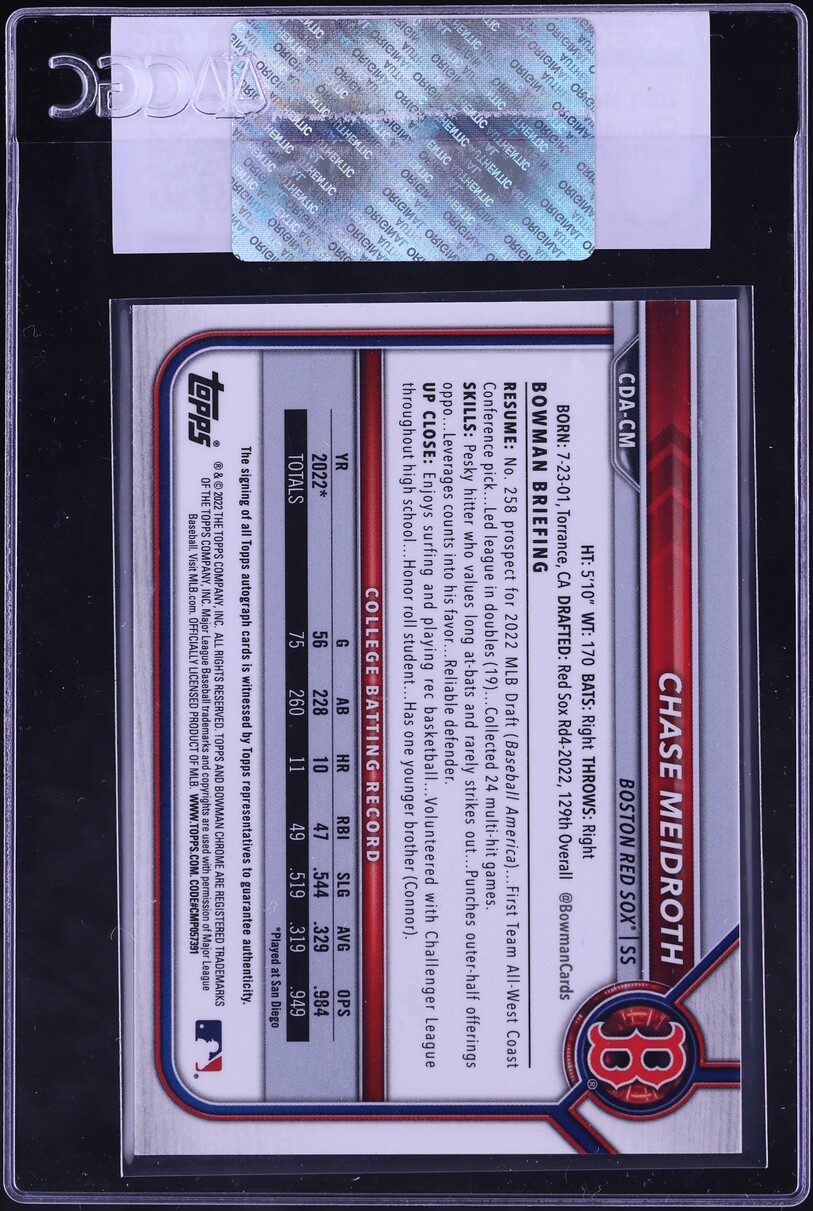 2022 Bowman Chrome Draft Chase Meidroth PROSPECT AUTO #CDA-CM CGC AUTH