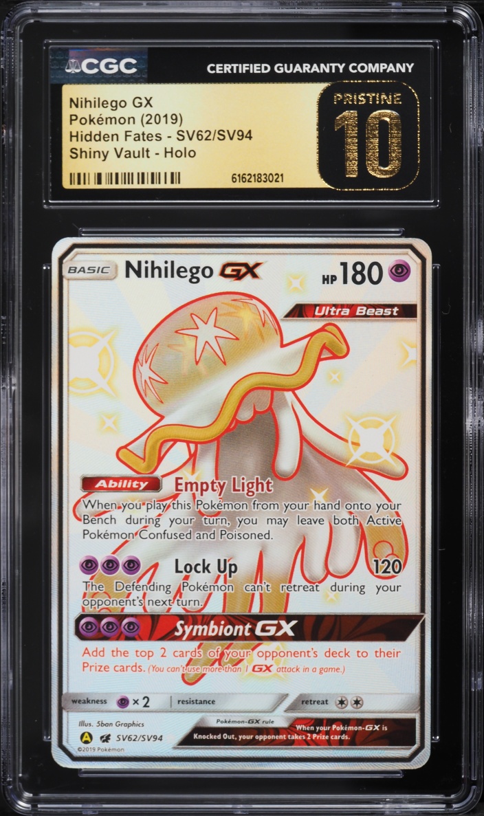 2019 Pokemon Sun & Moon Hidden Fates Full Art Nihilego GX #SV62 CGC 10 PRISTINE