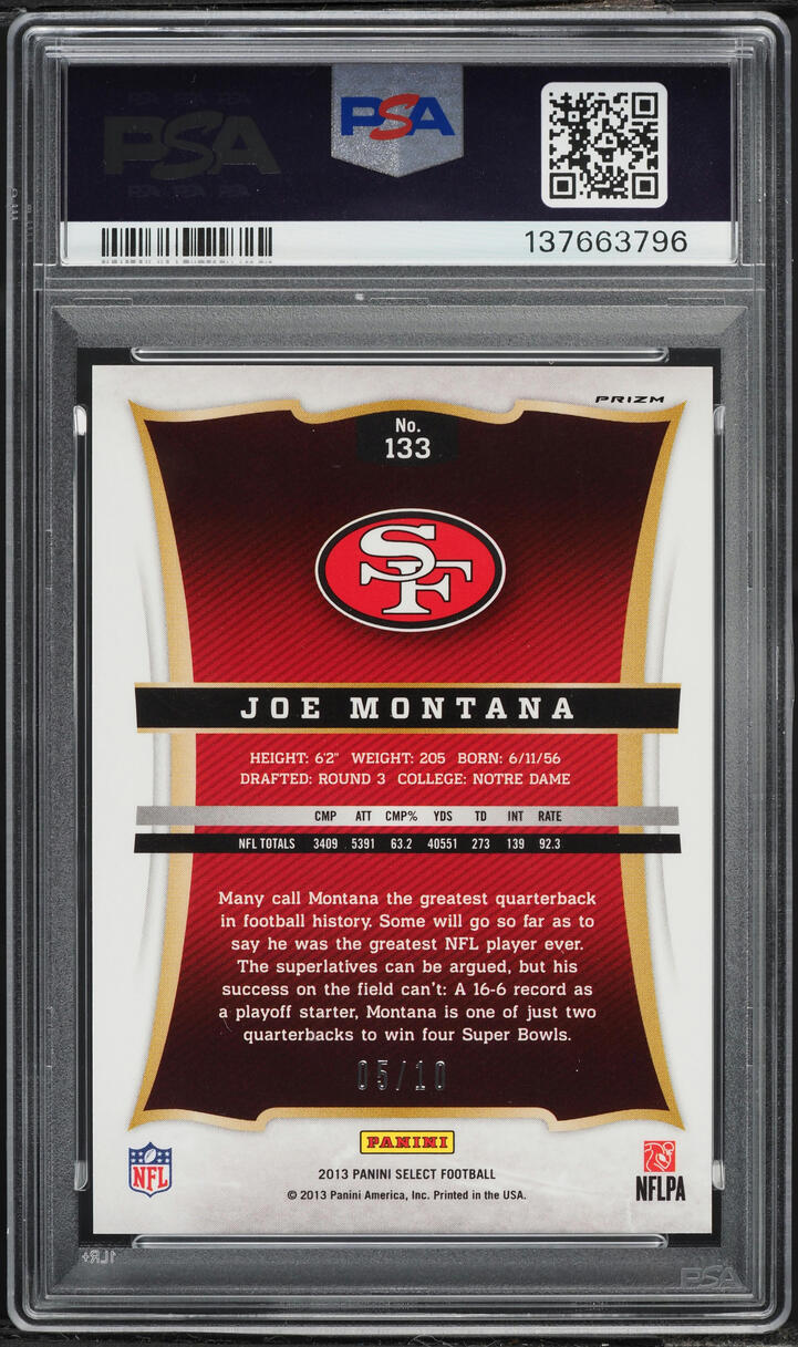 2013 Select Gold Prizm Joe Montana /10 #133 PSA 10 GEM MINT