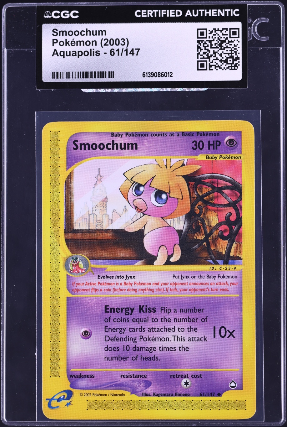 2003 Pokemon Aquapolis Smoochum #61 CGC AUTH