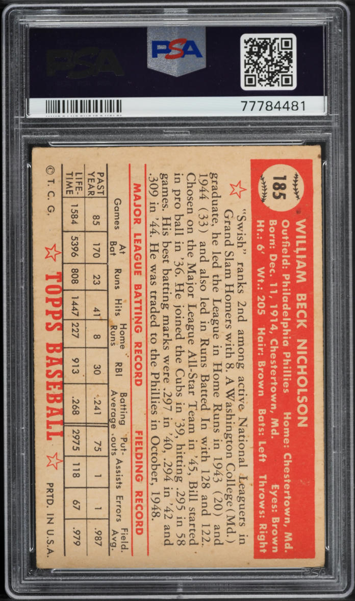 1952 Topps Bill Nicholson #185 PSA 3 VG
