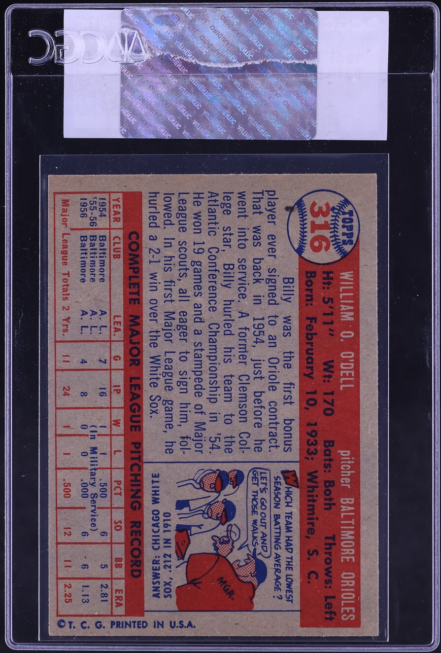 1957 Topps Billy O'Dell #316 CGC AUTH