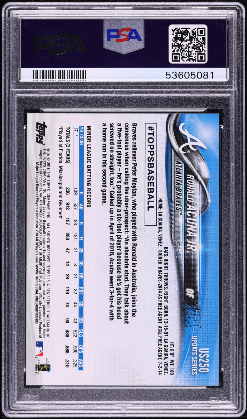 2018 Topps Update Ronald Acuna Jr. ROOKIE #US250 PSA 10 GEM MINT