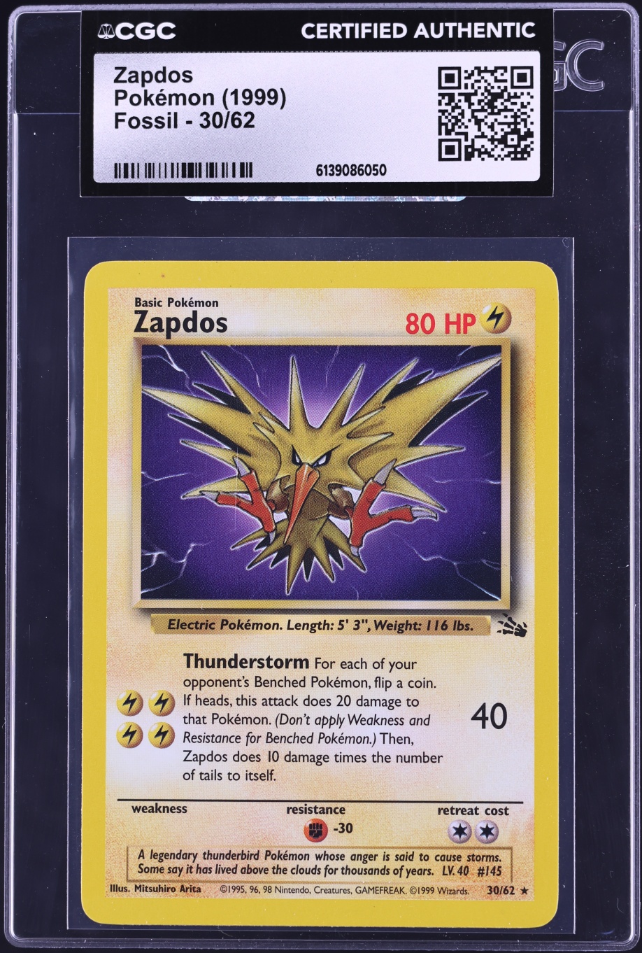 1999 Pokemon Fossil Zapdos #30 CGC AUTH