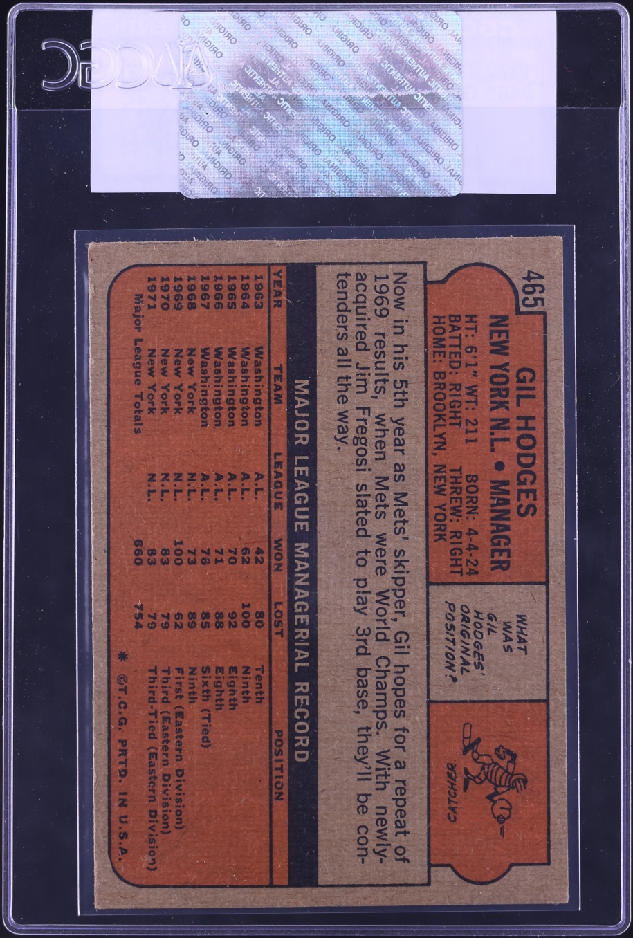 1972 Topps Gil Hodges #465 CGC AUTH
