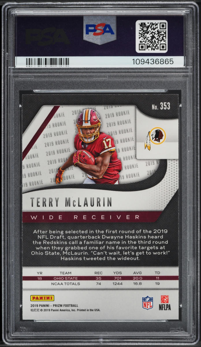 2019 Panini Prizm Terry McLaurin ROOKIE #353 PSA 10 GEM MINT