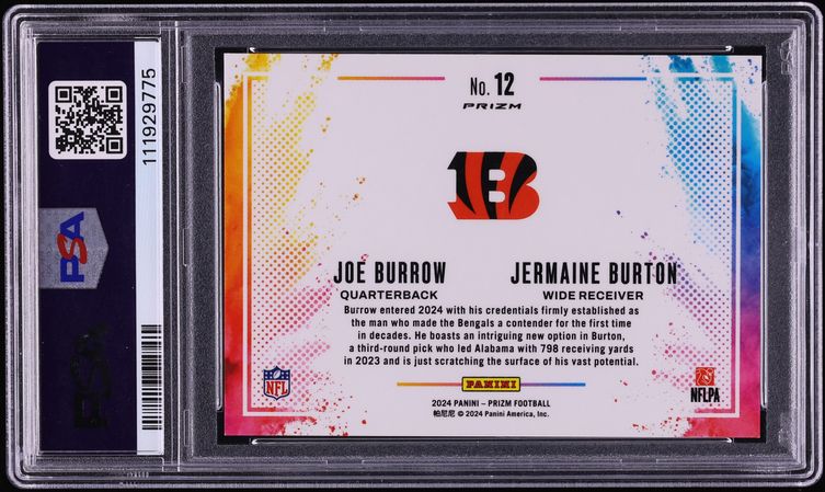 2024 Panini Prizm Color Blast Duals Joe Burrow & Jermaine Burton ROOKIE #12 PSA 10 GEM MINT