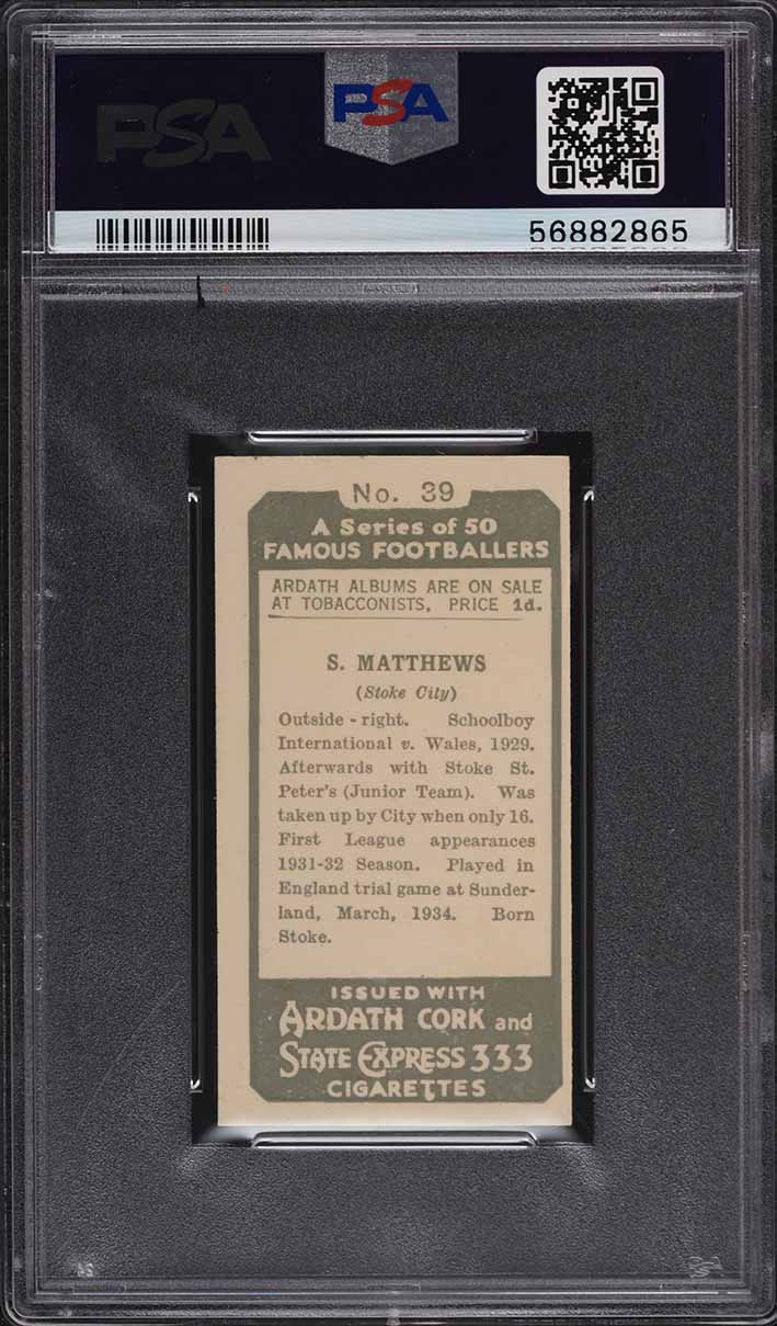 1934 Ardath Famous Footballers Stanley Matthews ROOKIE #39 PSA 5 EX