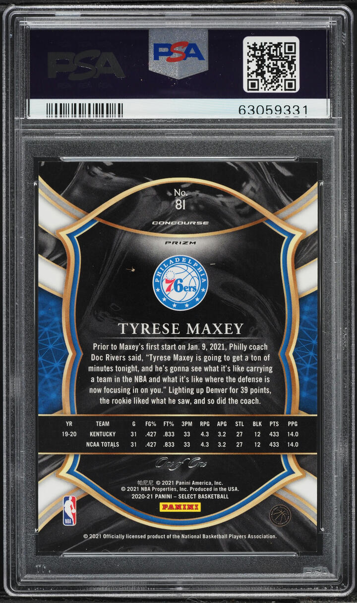 2020 Select Concourse Black Disco Prizm Tyrese Maxey ROOKIE 1/1 #81 PSA 10 GEM MINT