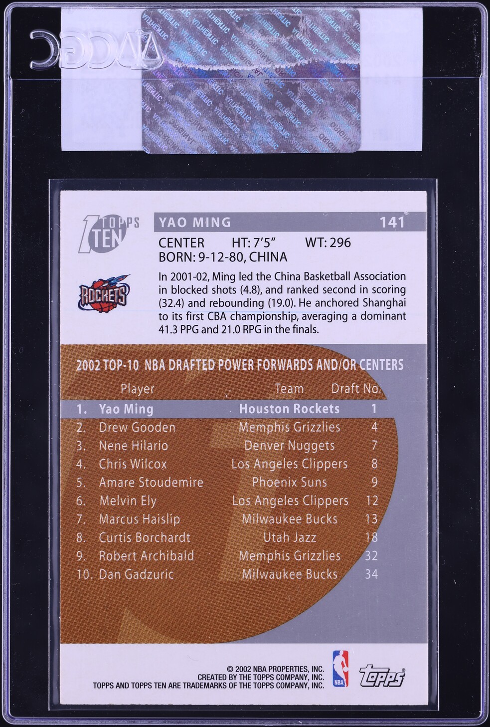 2002 Topps Ten Yao Ming ROOKIE #141 CGC AUTH