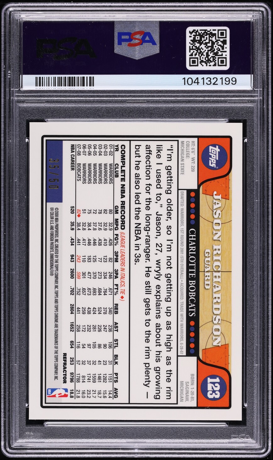 2008 Topps Chrome Gold Refractor Jason Richardson /50 #123 PSA 9 MINT