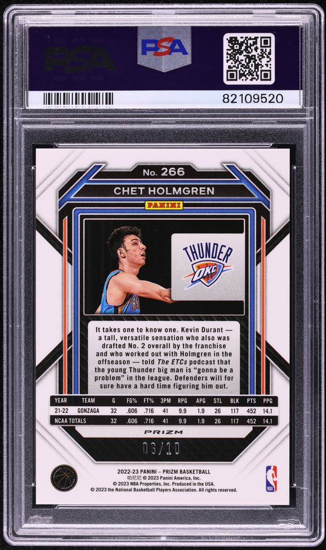 2022 Panini Prizm Gold Chet Holmgren ROOKIE /10 #266 PSA 10 GEM MINT