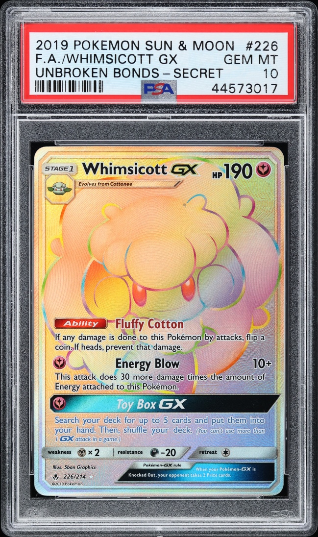 2019 Pokemon Sun & Moon Unbroken Bonds Rainbow Rare Whimsicott GX #226 PSA 10 GEM MINT